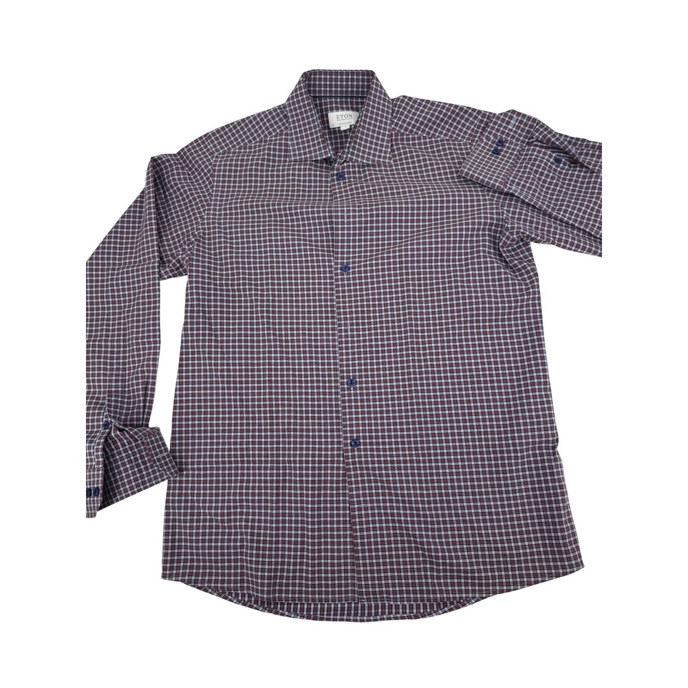 Eton Dress Shirt Mens L 16.5 Blue Red Check Contemporary Fit Twill Sweden 8435